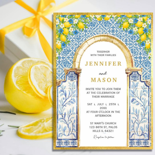 Convite para Casamento de Limão e Azulejos Azuis d (Elegant Mediterranean Lemon Arch Wedding Invitation – Blue Tile & Watercolor Citrus Theme#zazzlemade)