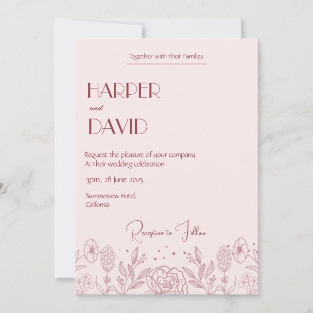 Convite para Casamento de Linha Floral Rosa Elegan (Frente)