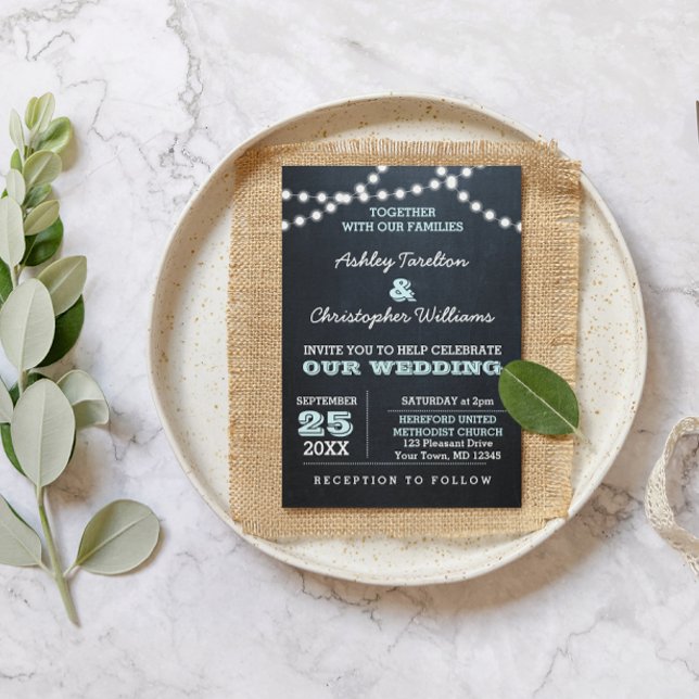Convite para Casamento de Luzes de Chalkboard Aqua (Criador carregado)