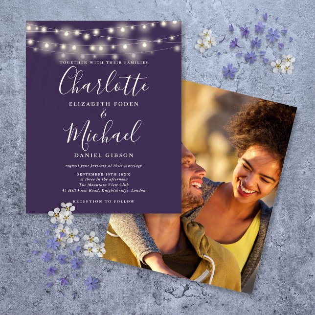 Convite para Casamento de Luzes Roxas de Orçamento (Budget Purple Lights Photo Wedding Invitation)