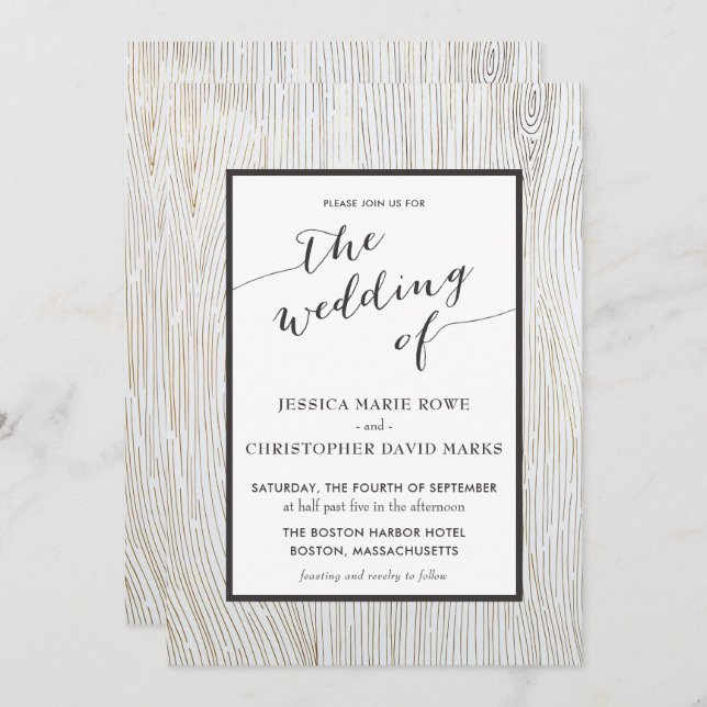 Convite para Casamento de Madeira Dourada Rústica (Frente/Verso)