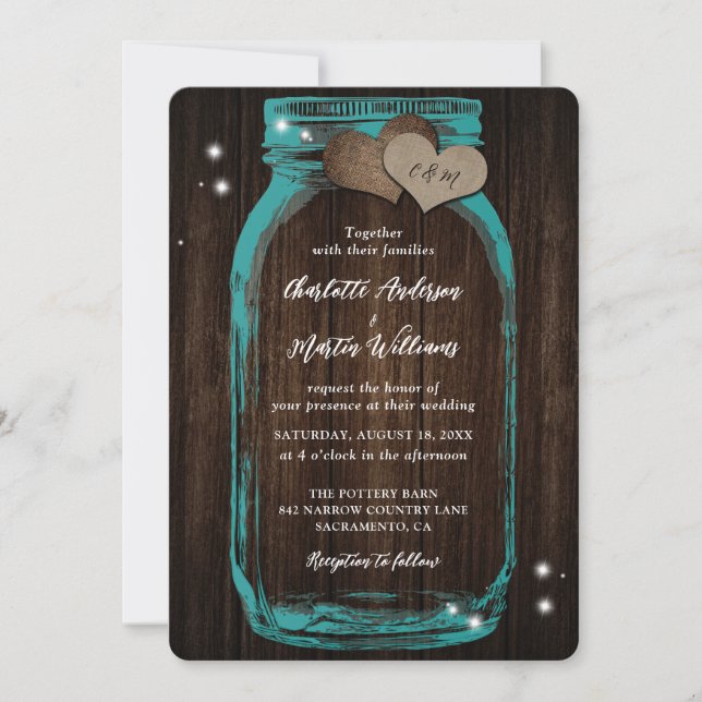 Convite para Casamento de Madeira Rustic Teal Maso (Frente)