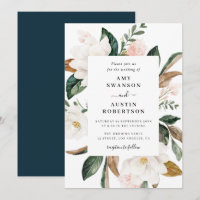 convite para casamento de magnólia e flores rosa