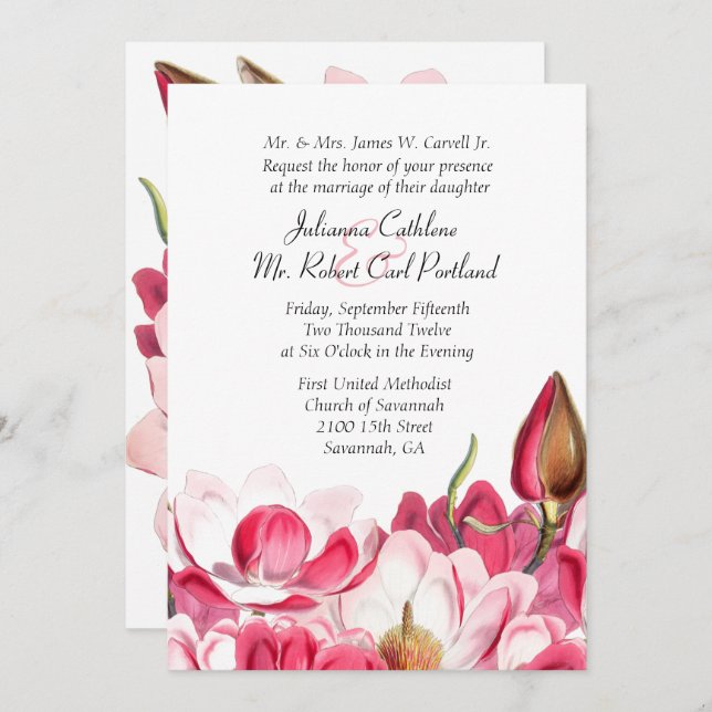 Convite para Casamento de Magnolias Rosa do Sul (Frente/Verso)