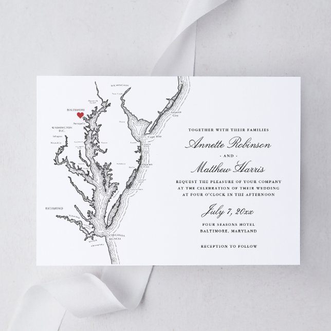 Convite para Casamento de Mapa Elegante Baltimore  (Baltimore Maryland Wedding invitation in elegant black and white from Coastal Map designs)