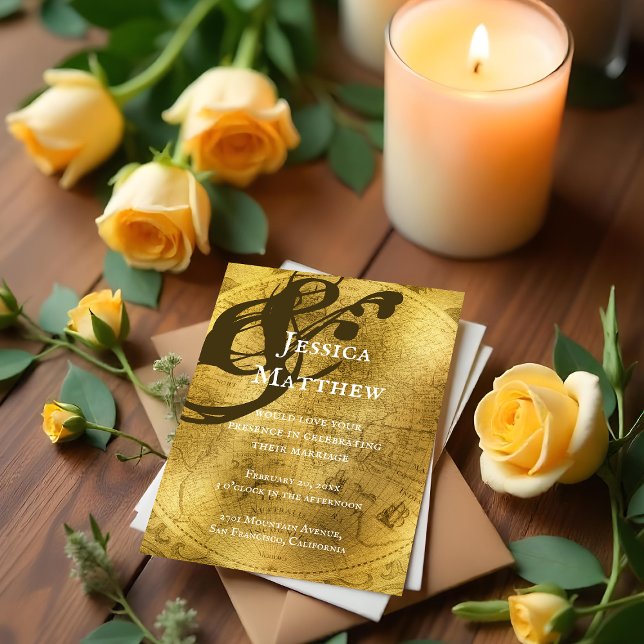 Convite para casamento de mapas Dourados russos an (Antique Rustic Gold Map Wedding Invitation)