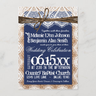 Convite para Casamento de Marinho Azul Burlap, na