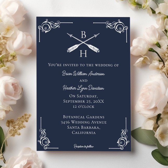 Convite para Casamento de marinhos Monograma e Set (Navy Blue Monogram and Arrows Wedding Invitation)