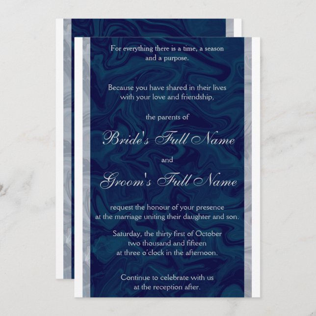 Convite para Casamento de Mármore Azul e Cinza Ele (Frente/Verso)