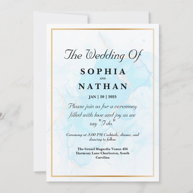 Convite para Casamento de Mármore Azul Elegante (Frente)
