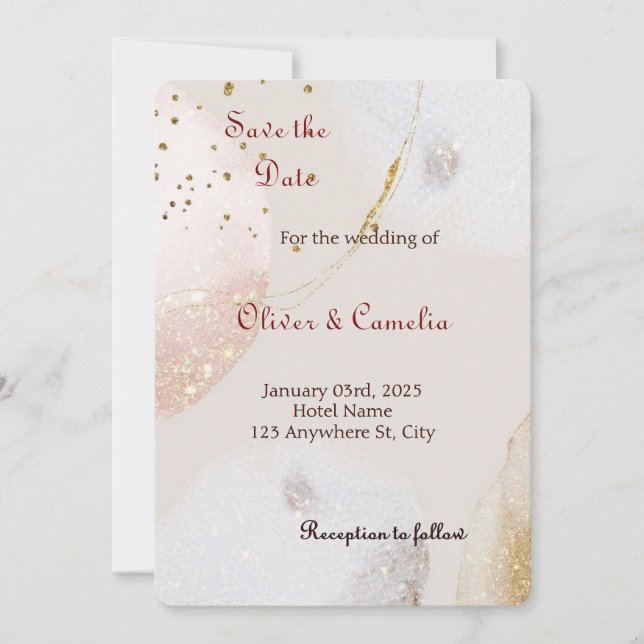 Convite para Casamento de Mármore Dourado e Branco (Frente)