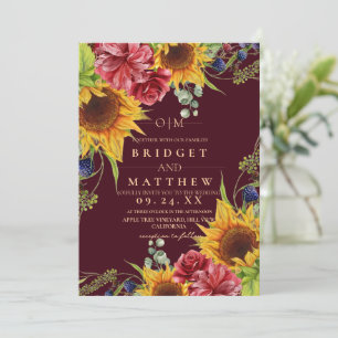 Convite para Casamento de Maroon Floral de Girasso