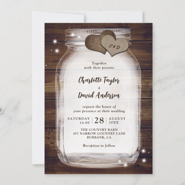 Convite Para Casamento De Mason Jar, Rustic Wood B (Frente)