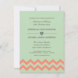 Convite para Casamento de Mint Green & Coral Chevr