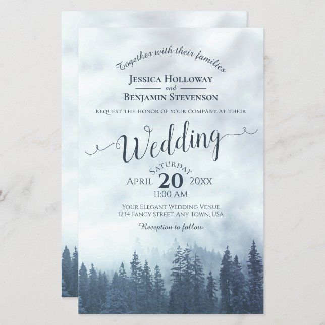 Convite para Casamento de Misty Blue Pines BUDGET (Frente/Verso)