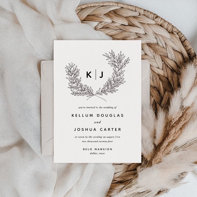 Convite para Casamento de Monograma Branco e Preto (Modern Black and White Monogram Wedding Invitation)
