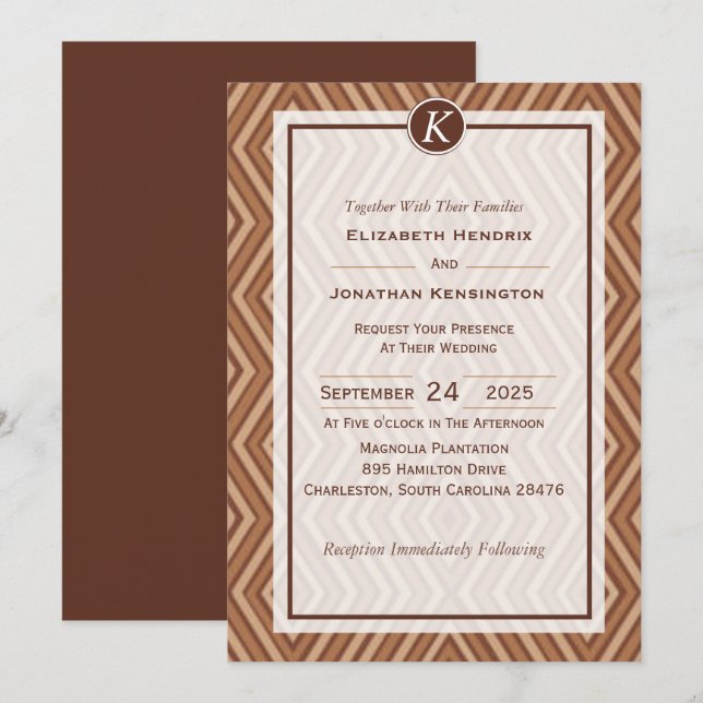 Convite para Casamento de Monograma Brown e Beige (Frente/Verso)