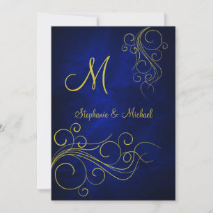 Convite para Casamento de Monograma Dourado Azul E