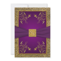 Convite para Casamento de Monograma Roxo e Dourado