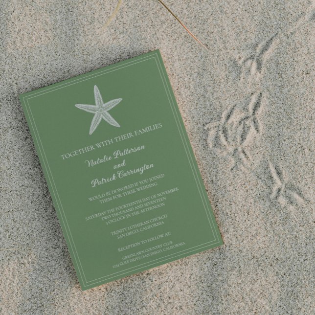 Convite para Casamento de Moss Green Starfish (Moss Green Starfish Wedding Invitation)
