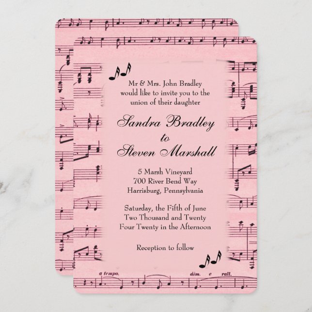Convite para Casamento de Música Rosa com Folha (Frente/Verso)