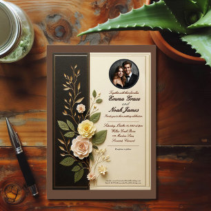 Convite para Casamento de Negra Floral e Creme