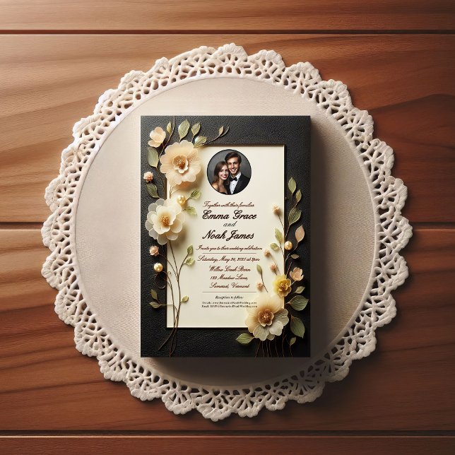 Convite para Casamento de Negra Floral e Creme (Criador carregado)