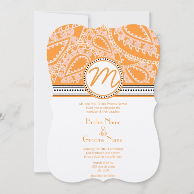 Convite para Casamento de Orange Paisley com Ponto (Frente)