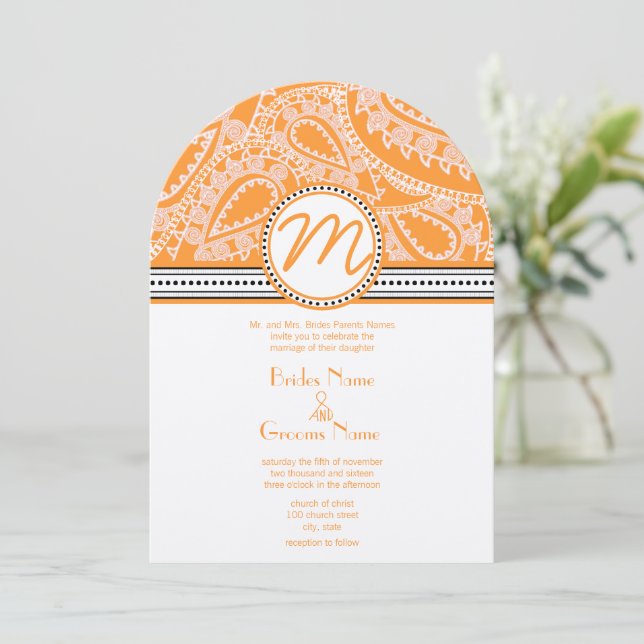 Convite para Casamento de Orange Paisley com Ponto (Em pé/Frente)