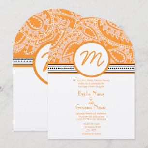 Convite para Casamento de Orange Paisley com Ponto