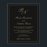 Convite para Casamento de Orçamento Dourado e Pret<br><div class="desc">O convite de casamento do estilo tradicional, com um design simples e clássico com seu monograma inicial e seus nomes em um dentro de caligrafia elegante de uma fronteira fina. Todos os elementos de design estão em dourado falso sobre um fundo preto e podem ser alterados na ferramenta de edição...</div>