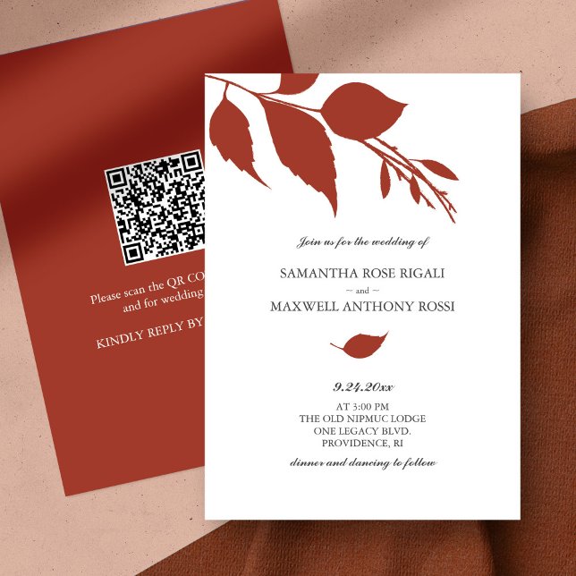 Convite para Casamento de Orçamento Moderno com Có (QR code wedding invitation botanical orange leaves minimalistic)