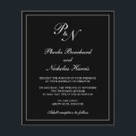 Convite para Casamento de Orçamento Preto para Mon<br><div class="desc">O convite de casamento do estilo tradicional, com um design simples e clássico com seu monograma inicial e seus nomes em um dentro de caligrafia elegante de uma fronteira fina. Todos os elementos de design estão em branco sobre um fundo preto e podem ser alterados na ferramenta de edição de...</div>