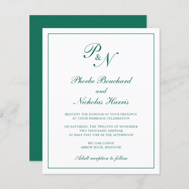 Convite para Casamento de Orçamento Verde Monogram (Frente/Verso)