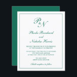 Convite para Casamento de Orçamento Verde Monogram<br><div class="desc">O convite de casamento do estilo tradicional, com um design simples e clássico com seu monograma inicial e seus nomes em um dentro de caligrafia elegante de uma fronteira fina. Todos os elementos de design estão em um tom de joia verde esmeralda sobre um fundo branco e podem ser alterados...</div>