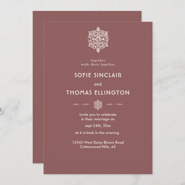 Convite para Casamento de Ornamento de Rosewood Es (Frente/Verso)