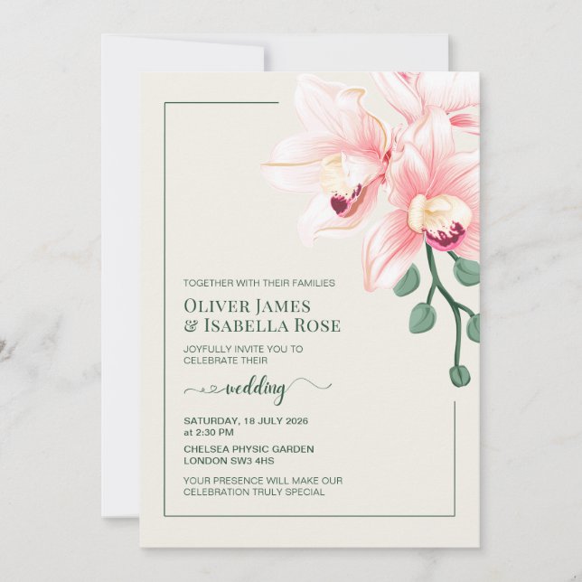 Convite para Casamento de Orquídeas Rosa Suave Ele (Frente)