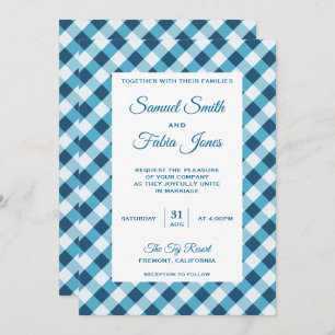 Convite para Casamento de Padrão de Gingham Azul E