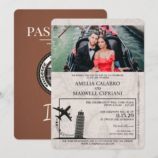 Convite para Casamento de Passaporte Brown Italy (Frente/Verso)