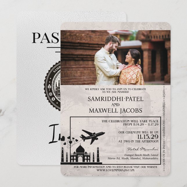 Convite para Casamento de Passaporte da Índia Bran (Frente/Verso)