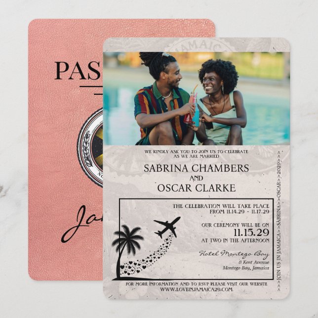 Convite para Casamento de Passaporte da Jamaica na (Frente/Verso)