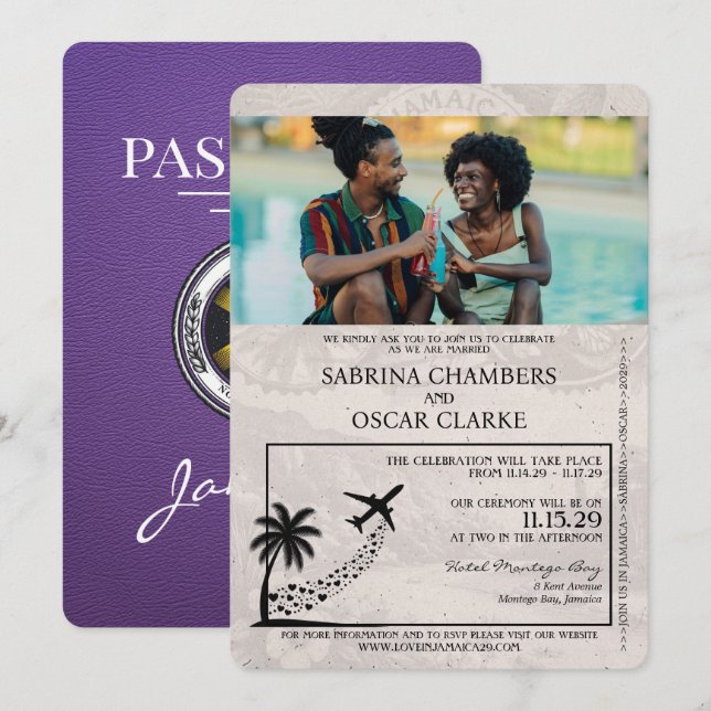 Convite para Casamento de Passaporte da Jamaica Pú (Frente/Verso)