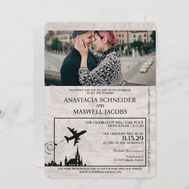 Convite para Casamento de Passaporte de Polônia Br (Frente/Verso)