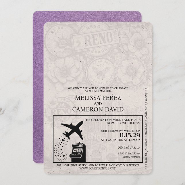 Convite para Casamento de Passaporte de Reno Roxo  (Frente/Verso)