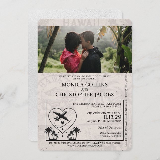Convite para Casamento de Passaporte do Havaí Bran (Frente/Verso)