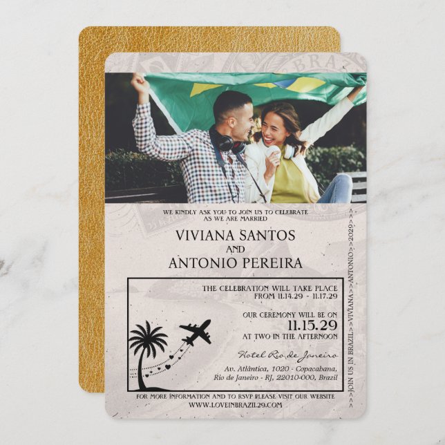 Convite para Casamento de Passaporte Dourado Brasi (Frente/Verso)