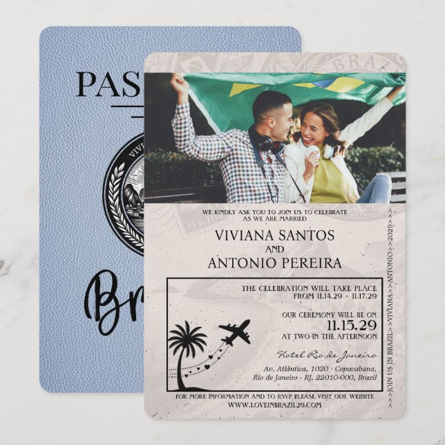 Convite para Casamento de Passaporte Dusty Blue Br (Frente/Verso)