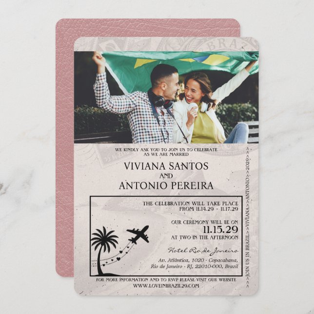 Convite para Casamento de Passaporte Dusty Rosa Br (Frente/Verso)