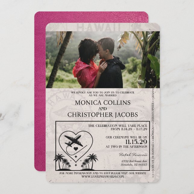 Convite para Casamento de Passaporte Magenta Pink  (Frente/Verso)