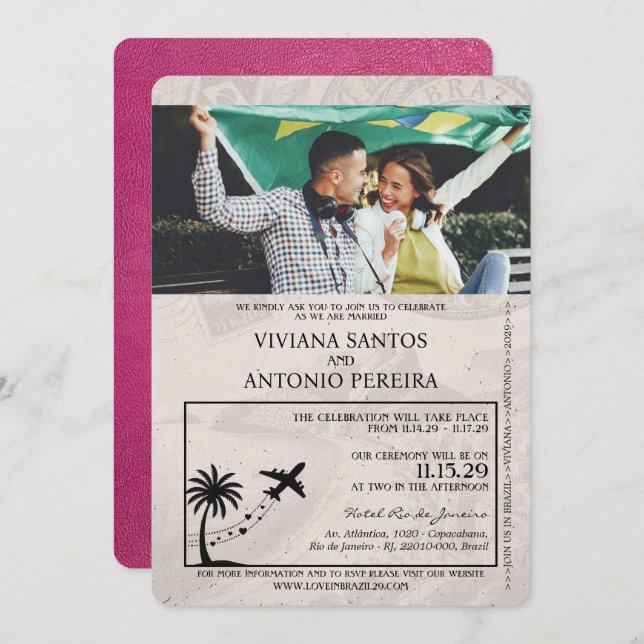 Convite para Casamento de Passaporte Magenta Rosa  (Frente/Verso)